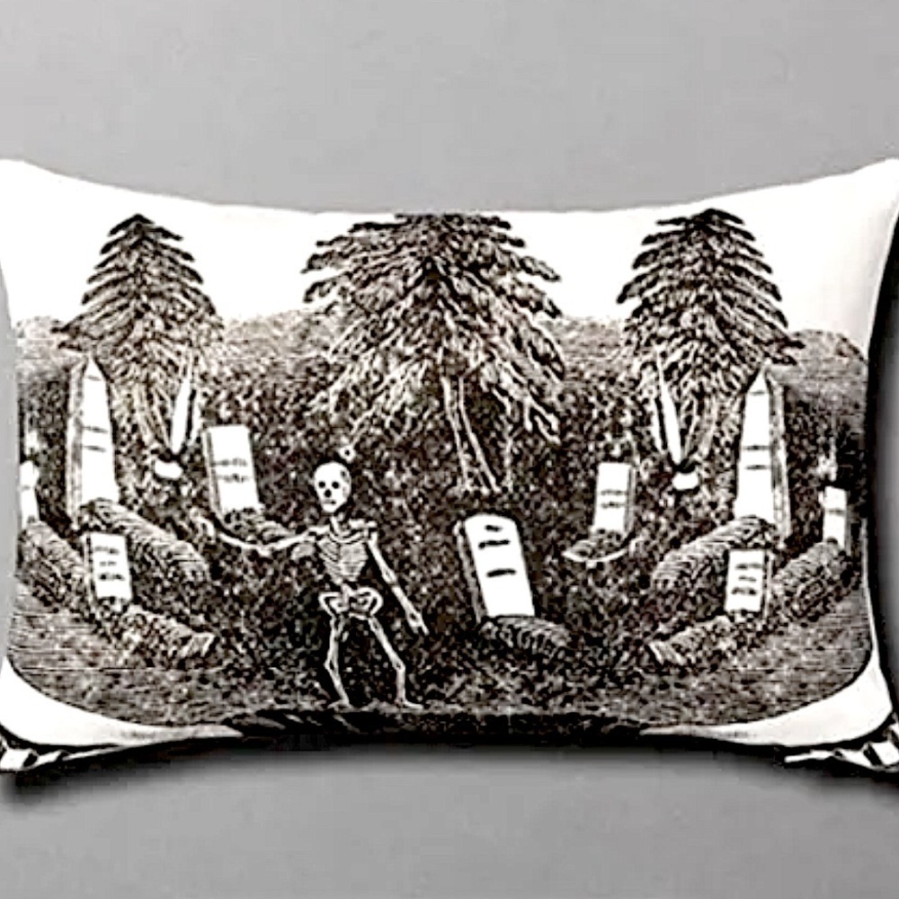 JOHN DERIAN | NWT Graveyard Scene with Skeleton Pillow 12x18” SOLD OUT